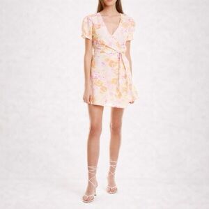 Charlie Holiday Floral Wrap Mini Linen Blend Dress 2 NWT